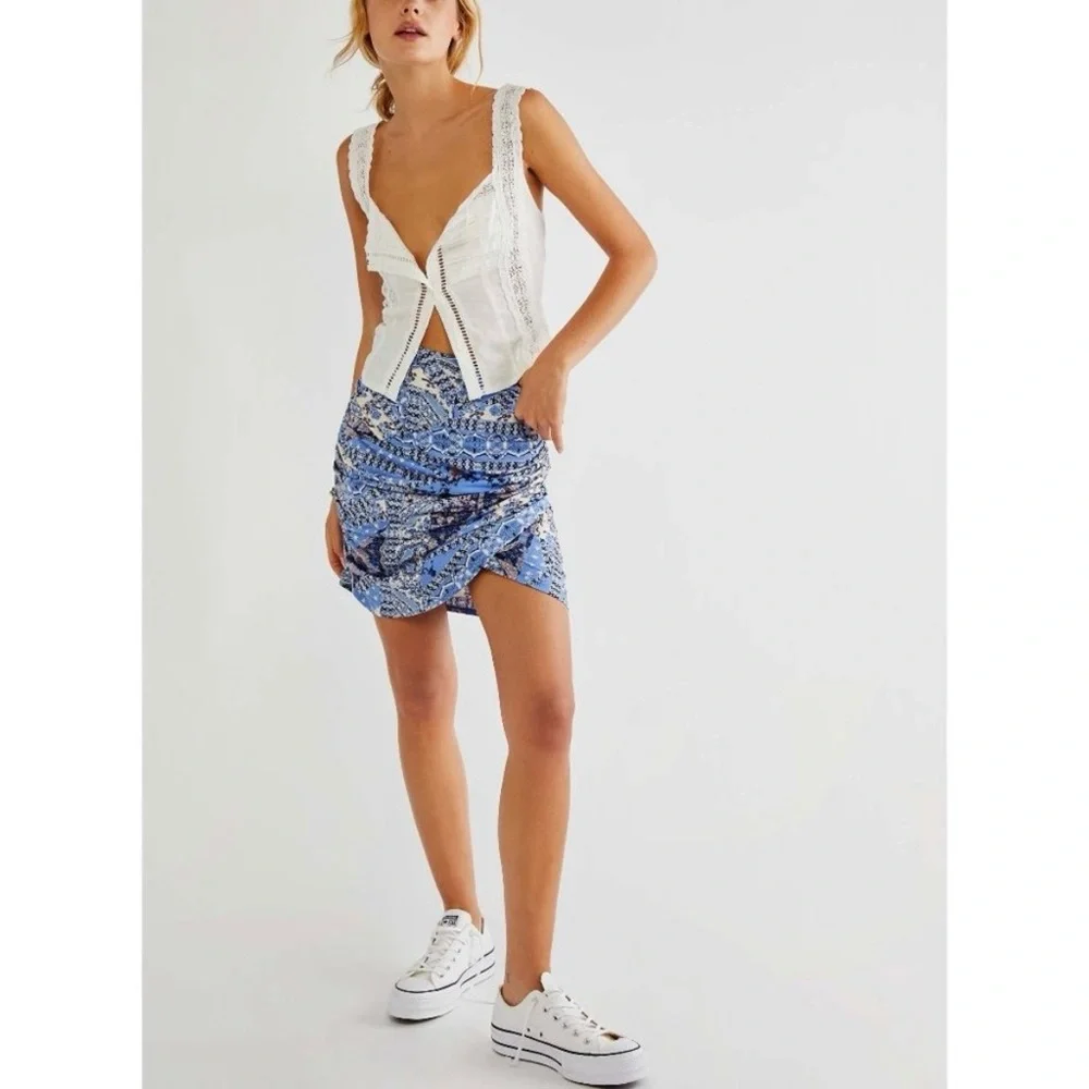 Free People Shes Something Else Mini Skirt True Blue Combo Sz M Ruched Layers